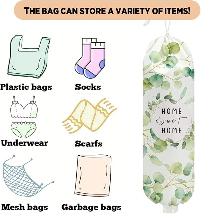 Eucalyptus Leaves Plastic Bag Holder 22.5x9 Inch,Wall Mount Grocery Bag Holder for Plastic Bags, Reusable Grocery Bags Storage Dispenser,Farmhouse Sweet Home Kitchen Decor,Gifts for Women Grandma Mom