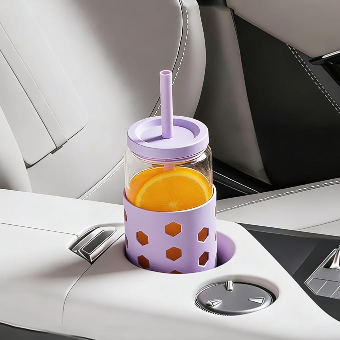 Mrsdry Glass Cups with Lids and Straws (4 Pack), 16oz Drinking Glasses Set with Silicone Sleeves for Coffee Bar Accessories Iced Coffee Cups with Lids, Glass Tumbler Reusable for Gifts