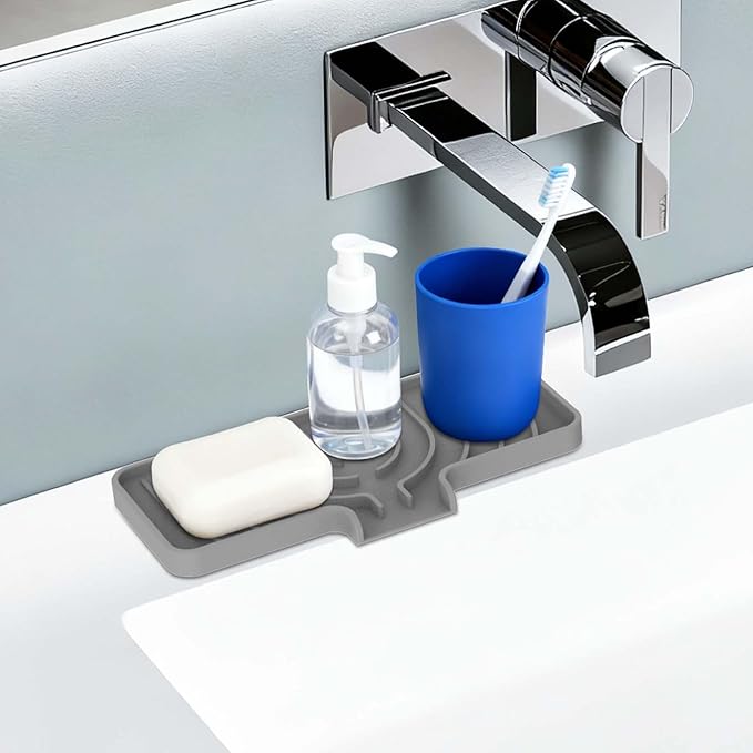 Silicone Sponge Holder for Kitchen Sink With Drain Spout, Self Draining, Kitchen Soap Tray, Bathroom Organizer, Sink Caddy (Gray, 10×4)