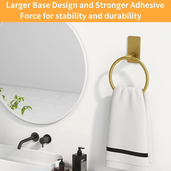 Adhesive Towel Ring, SUS304 Stainless Steel Bathroom Towel Holder, One Piece Disigned Towel Racks for Bathroom, No Drill, Gold