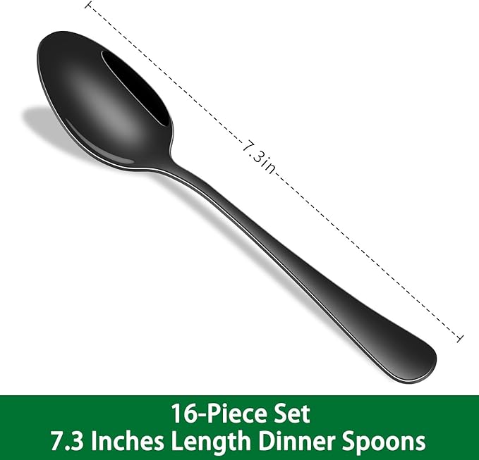 DEHOV 16-Piece 7.3 Inches Black Stainless Steel Dinner Spoons,Durable Soup Spoons,Black Table Spoon,Silverware Spoon