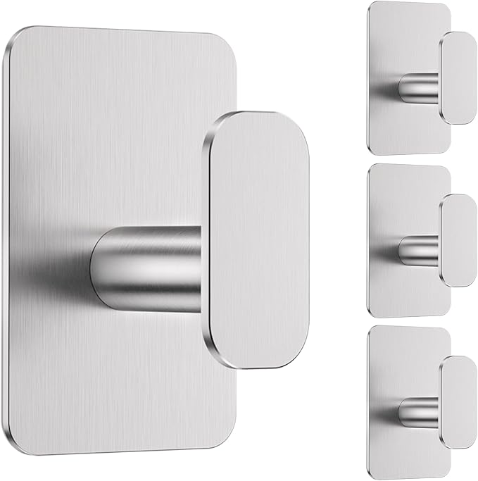 Large Heavy Duty Wall Hooks - 26lb Max, Stainless Steel Adhesive Towel Hooks for Hanging Towel, Coat, Robe, Hat, Sticky Towel Holder for Wall Mount in Bathroom, Shower, Kitchen(Silver, 4 Pack)