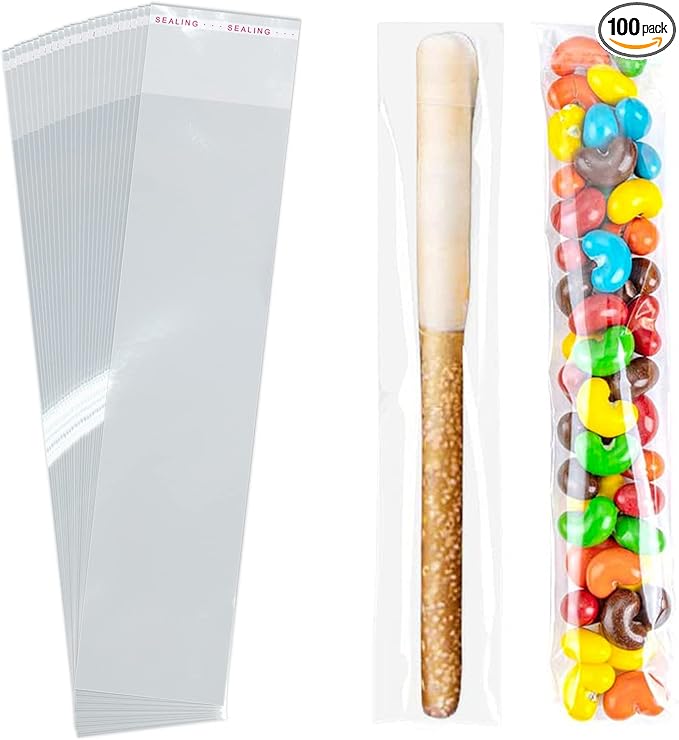 SUREHOME Pretzel Rod Bags 100 Pcs 2x8 Inch Pretzels Bag Adhesive Pretzels Individual Bags Clear Resealable Self Sealing Cellophane Bag for Chocolate Covered Pretzels Stick Candy Treats Packaging