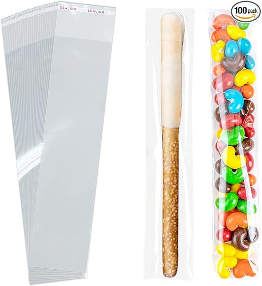 SUREHOME Pretzel Rod Bags 100 Pcs 2x8 Inch Pretzels Bag Adhesive Pretzels Individual Bags Clear Resealable Self Sealing Cellophane Bag for Chocolate Covered Pretzels Stick Candy Treats Packaging