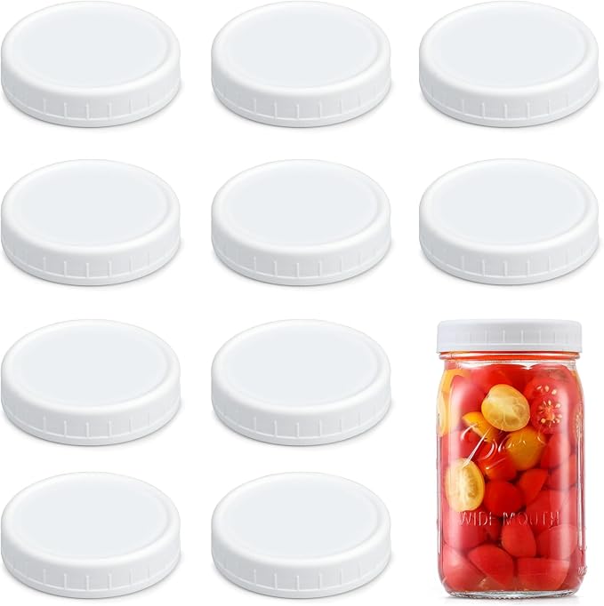 AOZITA [10 Pack] WIDE Mouth Mason Jar Lids for Ball, Kerr and More - White Plastic Storage Caps for Mason/Canning Jars - Leak-Proof, Dishwasher Safe & Food Grade