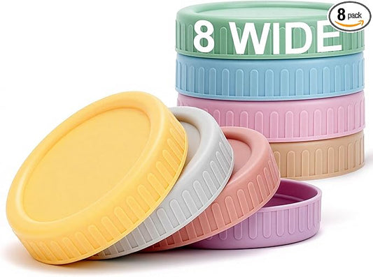 Vaincre 8PCS Wide Mouth Mason Jar Lids, Plastic Mason Jar Canning Lids Tops, Reusable Leak Proof Canning Covers with Silicone Rings for Ball, Kerr and More, Dishwasher Safe