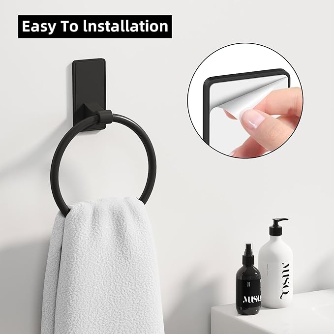 Towel Ring, SUS304 Hand Towel Holder for Bathroom，Matte Black Towel Holder Bathroom Adhesive Towel Hanger for Bathroom, Kitchen, 2 Pack