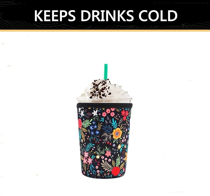 YR Reusable Neoprene Insulator Sleeve for Iced Coffee Cups, 3 Pack Coffee Coolies sleeves for Iced & Hot Drinks, Cold Beverage Cooler Compatible with Starbucks Coffee and More (Little Flower)