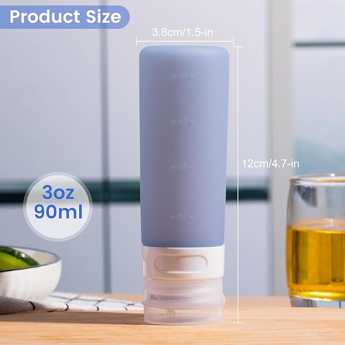 MICEBAY Condiment Squeeze Bottles for Sauces, 3-oz Mini Silicone Salad Dressing Container to Go with Snack Storage Bag, Leakproof Sauce Bottles for Lunch Box, 4 Pack, Blue