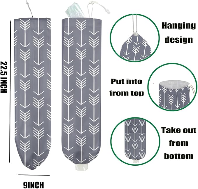 Gray Arrow Plastic Bag Holder, Wall Mount Grocery Bag Holder for Plastic Bags, Geometric Storage Organizer Reusable Grocery Bags, Pull Rope Free Adjustment, Minimalist Gifts for Women Mom Grandma