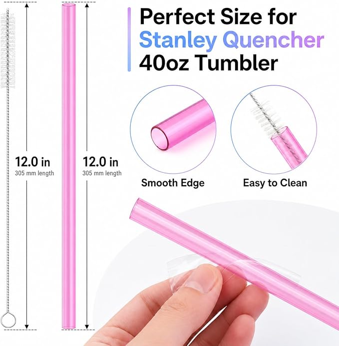 Joshey 12 Inch Tritan Replacement Straws for Stanley 40oz Tumbler - 6 Pack Reusable Long Straws with Cleaning Brush, Fits 30oz & 40oz Stanley Cup Accessories, BPA-Free (5 Colors)