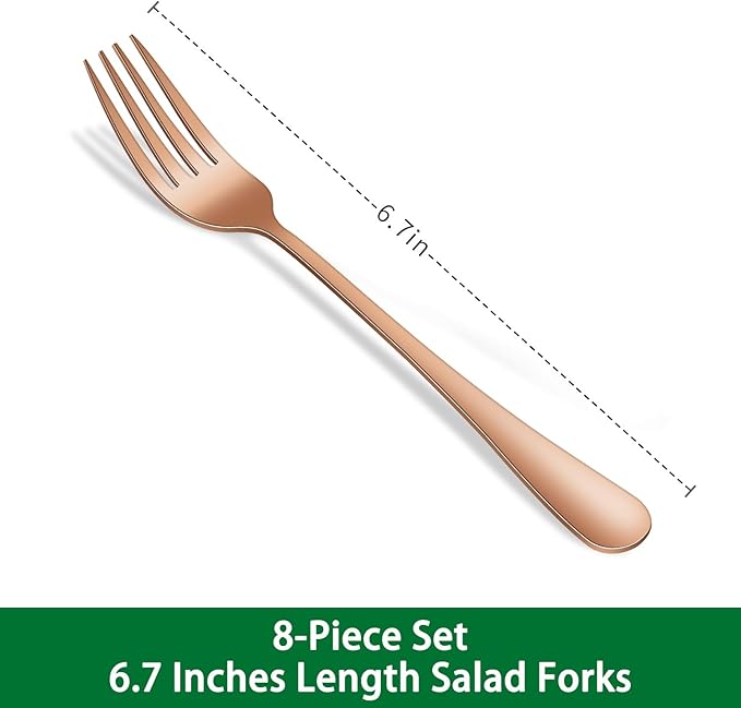 Rose Gold Salad Forks Set of 8, 6.7 Inch Stainless Steel Silverware Fork For Dessert, Copper Metal Small Fork For Dining