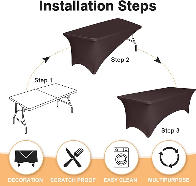 2 Pack 6 Feet Coffee Spandex Tablecloth for Tables, Fitted & Stretch, Washable, Wrinkle Resistant, Perfect for Event, Wedding, Party, Banquet, Cocktail, Festival, and Table Protector