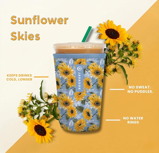 Sok It JavaSok Iced Coffee & Cold Soda Insulated Neoprene Cup Sleeve (Sunflower Skies, Medium: 22-28oz)