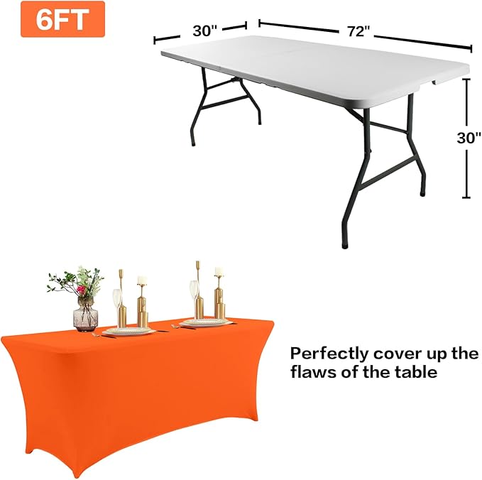 IVAPUPU 6FT Table Cloth for Rectangular Fitted Events Stretch Orange Table Covers Washable Cover Spandex Tablecloth Protector for Party, Wedding, Cocktail, Banquet, Festival