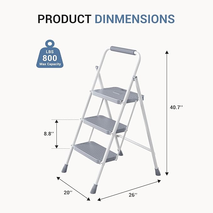 DUMOS Step Ladder, 3 Sturdy Step Stool with Anti-Slip Pedal & Comfortable Handrail, Portable Heavy Duty Step Stool for Kitchen, Garage & Outdoor Use, 800lbs, Grey