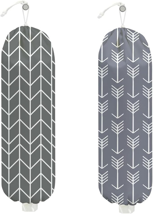 2 Pcs Gray Geometric Lines Plastic Bag Holder, Wall Mount Grocery Bag Holder for Plastic Bags, Abstract Art Arrow Reusable Organizer Grocery Bags with Drawstring, Minimalist Gifts for Women Mom