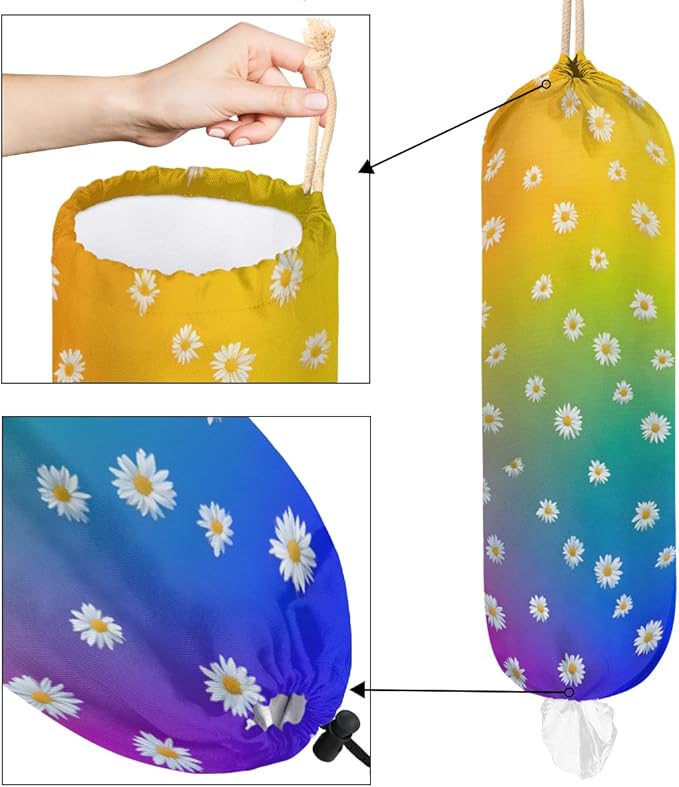 Pardick Plastic Bag Holder, Colorful Daisy Flower Grocery Bag Holder for Shopping Bags, Wall Mount Plastic Bag Storage Organizer Dispenser, Storage Holder for Home Kitchen Camper,A-8