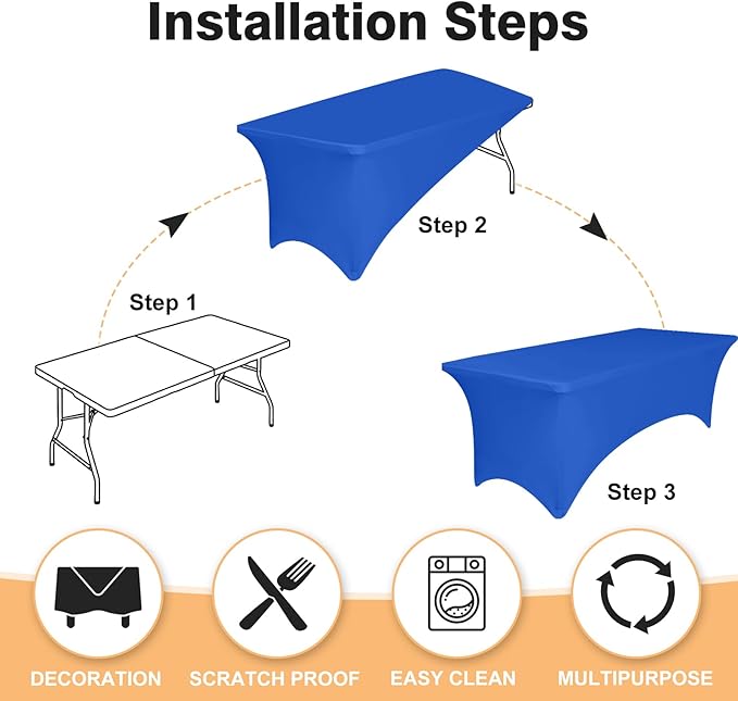 2 Pack 6 Feet Royal Blue Spandex Tablecloth for Rectangular Tables, Fitted & Stretch, Washable, Wrinkle Resistant, Perfect for Event, Wedding, Party, Banquet, Cocktail, Festival, and Table Protector