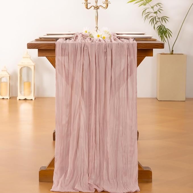 Socomi 2pcs Pink Cheesecloth Table Runner Summer Boho Rustic Gauze Dusty Pink Farmhouse 120 inch 10FT Cheese Cloth Sheer Runner for Wedding Party Baby Shower Birthday Home Decor