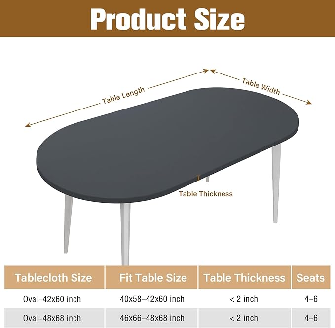 NEWISHER Fitted Oval Tablecloth 42 x 60 Inch Elastic Table Cloth, Stretch Spandex Table Cover Grey Washable Polyester Top Cap Cover for Dining Picnic Camping Indoor and Outdoor