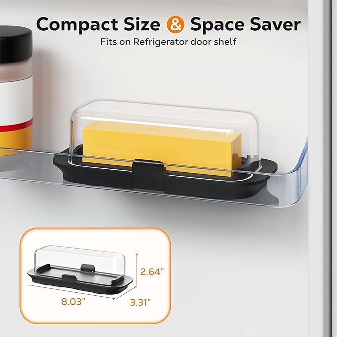 Butter Dish with Lid for Countertop and Refrigerator Door Shelf, Airtight Butter Keeper Container, Locking Butter Holder for East/West Coast Butter, BPA-free, Microwave/Dishwasher Safe