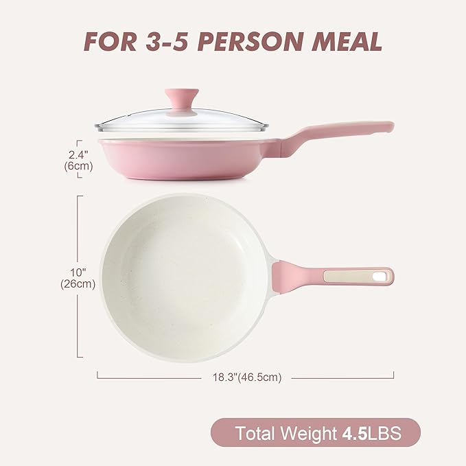 SENSARTE Nonstick Ceramic Frying Pan with Lid 10 Inch Omelet Pan Skillet, Free of Intentionally Added PFAS/PTFE Non-toxic Chef's Pan Induction Compatible Pan, Heat Resistant Handle,Sakura Pink