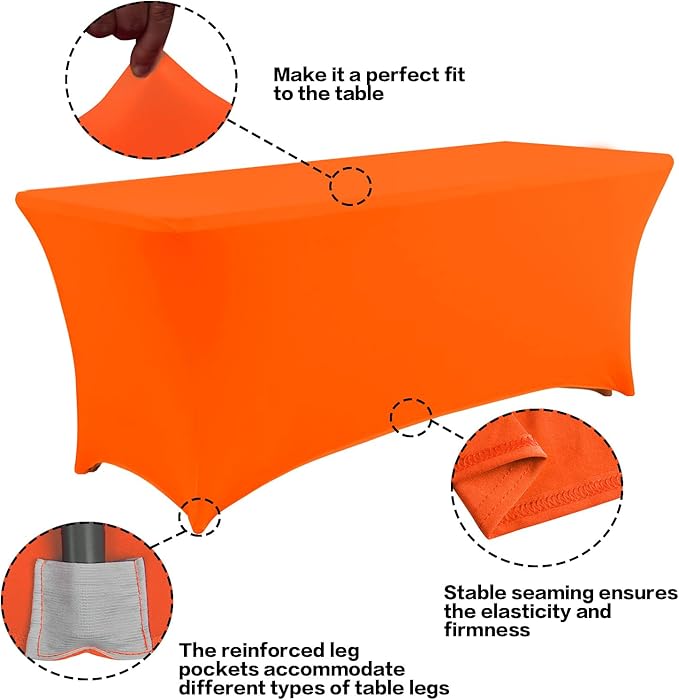 IVAPUPU 6FT Table Cloth for Rectangular Fitted Events Stretch Orange Table Covers Washable Cover Spandex Tablecloth Protector for Party, Wedding, Cocktail, Banquet, Festival