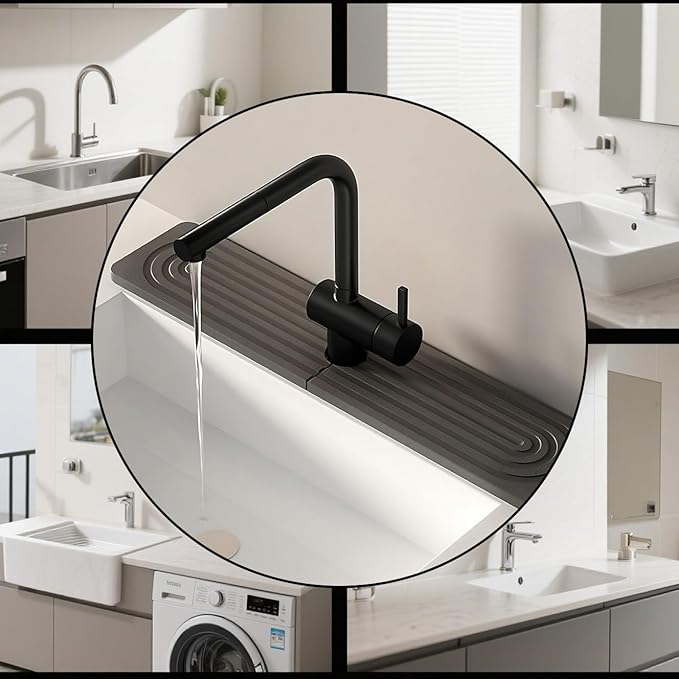 sumelixDiatomaceous Earth Faucet Mat for Kitchen Sink, Super Absorbent Stone Splash Guard | Fast Drying Water Absorbent Tray | Fits Behind Faucet (23.6'' x 4'') (Deep Grey, 23.6" x 4")
