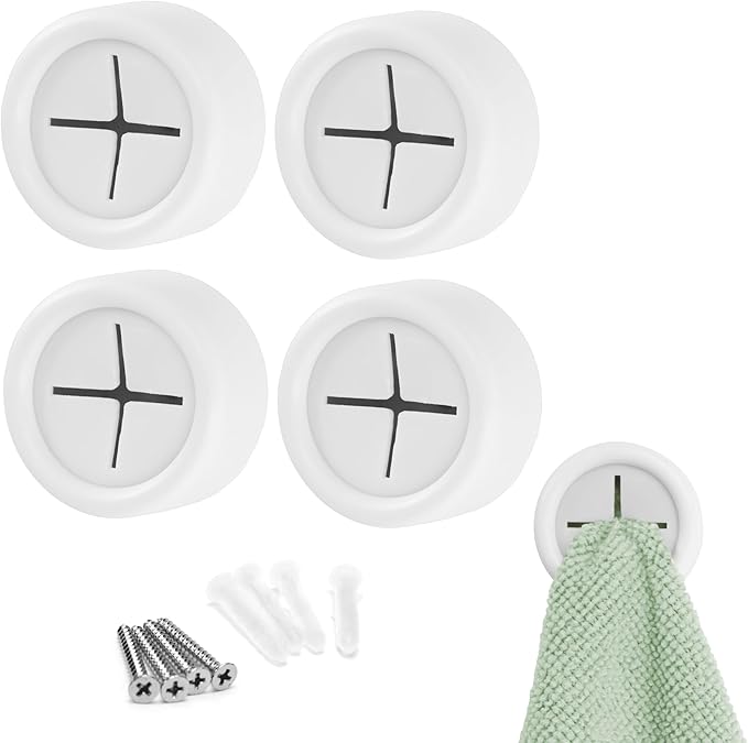 S&T INC. Round Adhesive Push Towel Hooks for Kitchen, Hand and Dish Towels, Matte White, 4 Pack