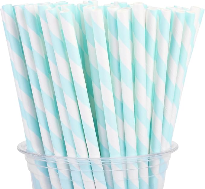 100 Packs Light Blue Biodegradable Striped Paper Straws, Disposable Drinking Straws for Birthday Carnival Summer Pool Party Wedding Baby Shower Halloween Christmas Party Decoration Supplies