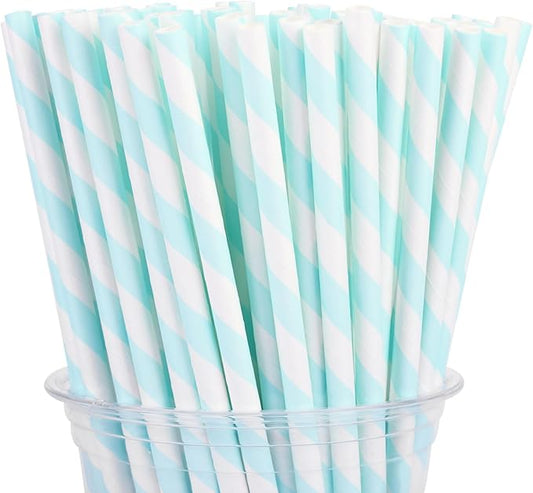 100 Packs Light Blue Biodegradable Striped Paper Straws, Disposable Drinking Straws for Birthday Carnival Summer Pool Party Wedding Baby Shower Halloween Christmas Party Decoration Supplies