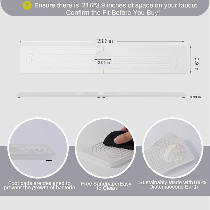 Stone Faucet Mat for Kitchen Sink，Super Absorbent Diatomite Fast Drying Stone and Bathroom Stone Tray for Counter Quick Drying Splash Guard,Prevents Moisture Buildup Sink(White,23.6" x 3.9")