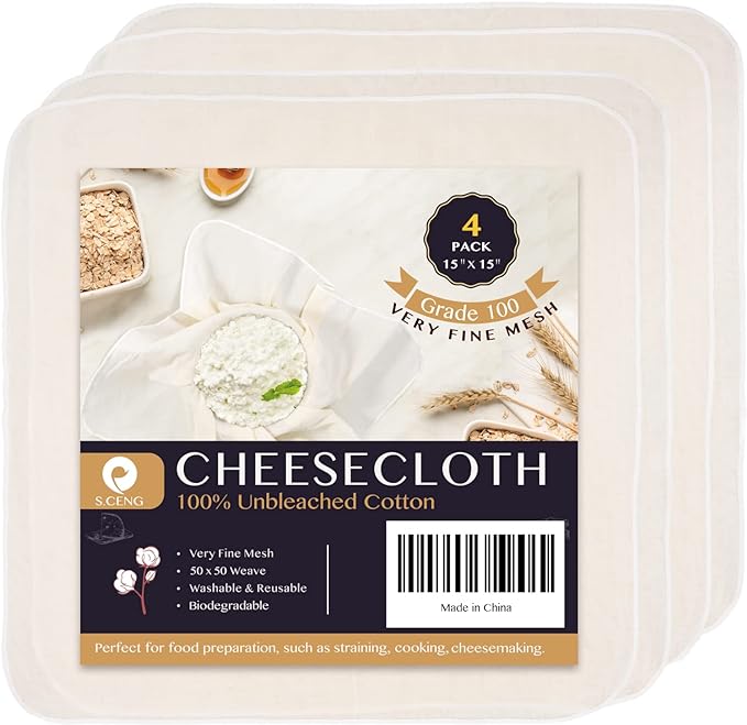 Precut Cheesecloth, 15 x 15'' 4 Pack, Grade 100, Ultra Fine Cheese Cloth for Straining & Cooking, 100% Unbleached Cotton Muslin Cloth for Making Cheese