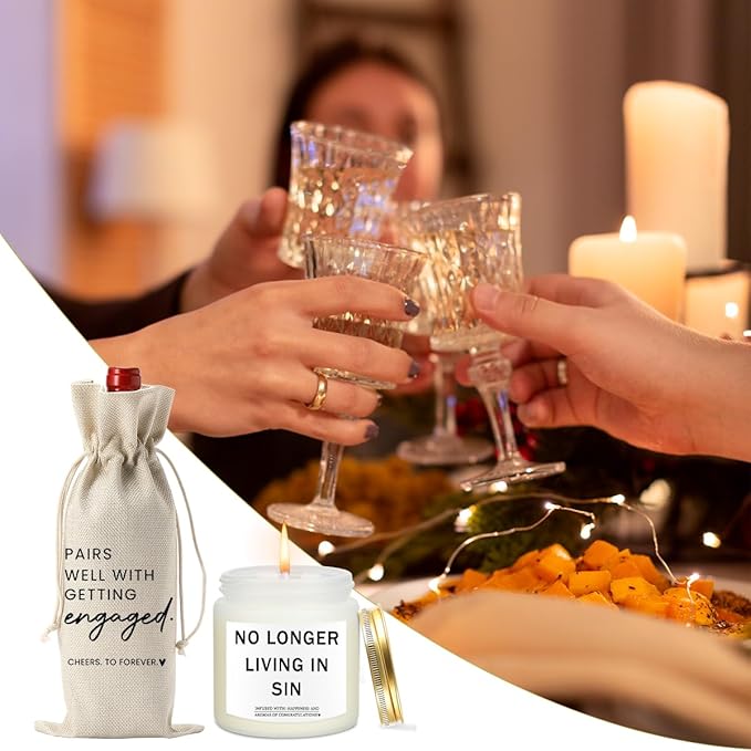 Engaged Engagement Gifts for Couples Her Engagement Party Decorations for Couple Wine Bag Scented Candles Set Pairs Well with Getting Engaged Wine Bag No Longer Living In Sin