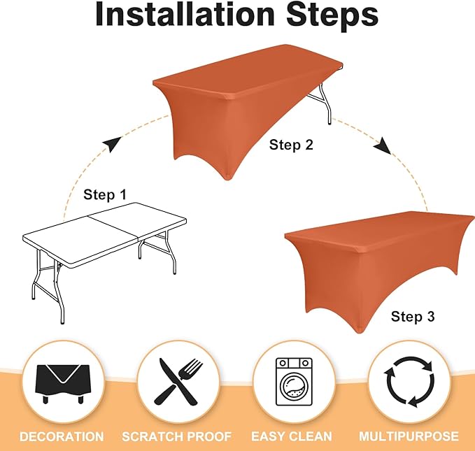 2 Pack 6 Feet Orange Spandex Tablecloth for Rectangular Tables, Fitted & Stretch, Washable, Wrinkle Resistant, Perfect for Event, Wedding, Party, Banquet, Cocktail, Festival, and Table Protector