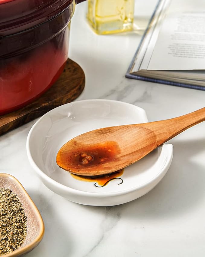 LE TAUCI Spoon Rest for Stove Top, Set of 4 Ceramic Spoon Holder for Kitchen Counter, 5-Inch Heat Resistant Utensil Rest for Cooking Spatula, Whisks, Ladle, Dishwasher Safe, Oyster White