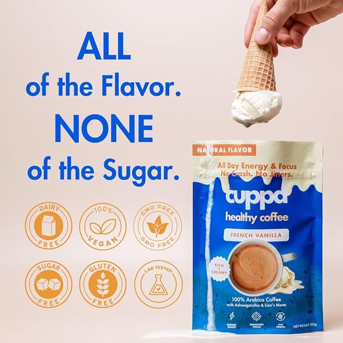 Cuppa French Vanilla Coffee - Great tasting medium roast with mushrooms, adaptogens & superfoods - Lion's Mane, Ashwagandha, Cordyceps, MCT, Prebiotic Fiber & L-Theanine. Supports natural energy & better mental focus, overall well-being + a happier gut...