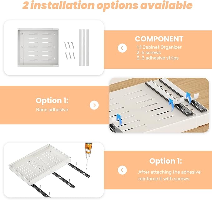 FILTA 2Pack Expandable Pull Out Cabinet Organizer, 21" Deep Slide Out Drawers for Kitchen Cabinets, Heavy Duty Roll Out Shelves with 3-Rail Silent Glide, No-Drill Adhesive or Screw Install, White
