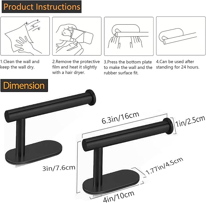 JOPOFI Toilet Paper Holder - Self Adhesive Toilet Paper Holder Wall Mount for Bathroom, Command Strip Stainless Steel Toilet Paper Roll Holder Stick On Wall, No Drilling - Matte Black（2 Pcs）