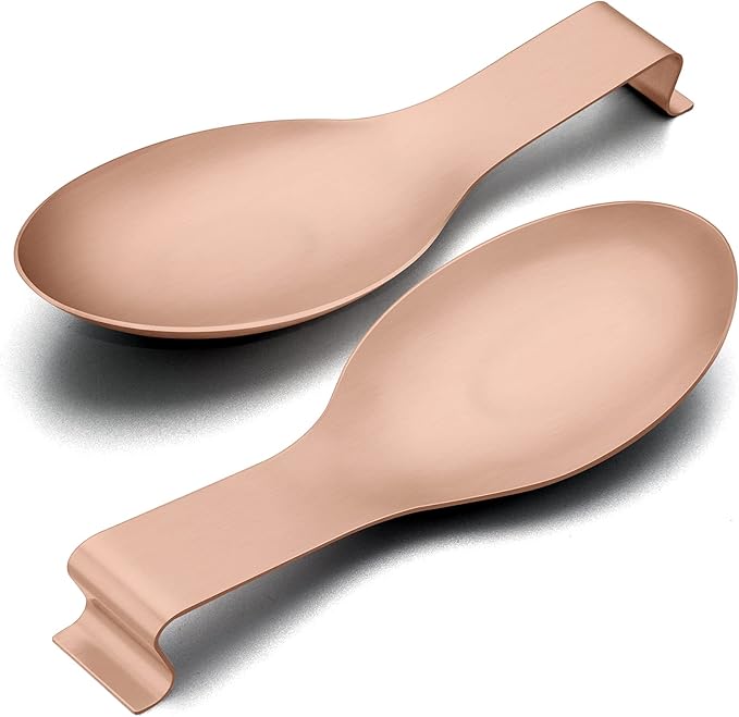 Spoon Rest Set of 2, E-far Stainless Steel Rose Gold Spoon Ladle Holder, Metal Copper Spatula Rest for Kitchen Stove Top, Large Size & Dishwasher Safe