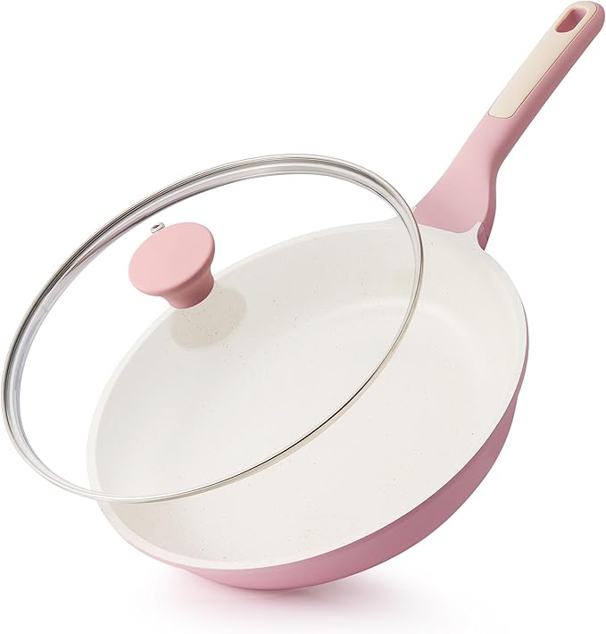 SENSARTE Nonstick Ceramic Frying Pan with Lid 9.5 Inch Omelet Pan Skillet, Free of Intentionally Added PFAS/PTFE Non-toxic Chef's Pan Induction Compatible Pan, Heat Resistant Handle, Sakura Pink