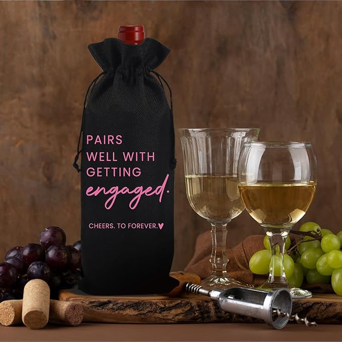 Engaged Gifts, Engagement Gifts for Couples Her, Engagement Party Decorations Gifts for Engaged Couple Wine Bag, Pairs Well with Getting Engaged Wine Bottle Bag（Black）