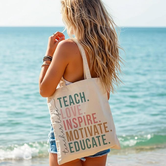 Teacher Canvas Tote Bag, Appreciation Gifts Reusable Grocery Bag for Teacher Friends Gym College, Thank You Gift