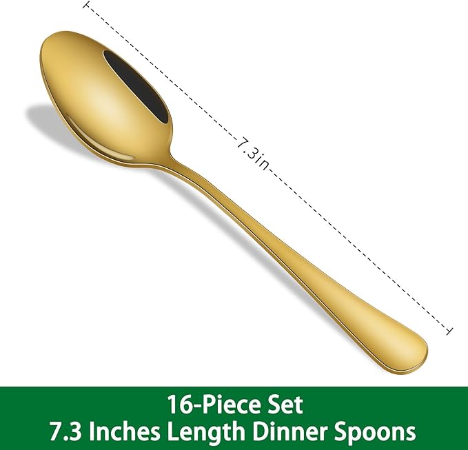 16-Piece 7.3 Inches Gold Soup Spoon,Gold Stainless Steel Dinner Spoons,Durable Tablespoons Set For Restaurant,Hotel,Silverware Spoons
