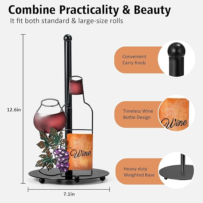Wine Paper Towel Holder Countertop - Grape&Wine Decor Gifts, Cute Rustic Country Vintage Farmhouse Kitchen Decorations, Roll Dispenser with Weighted Base