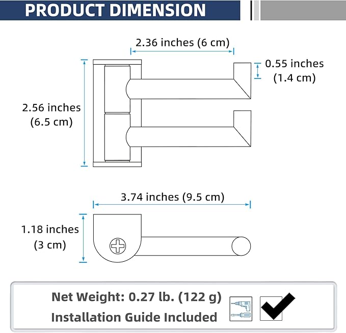 APLusee Brushed Nickel Double Swivel Towel Hook, 304 Stainless Steel Folding Clothes Hanger with Multi 2 Rotating Arms, Wall Mounted