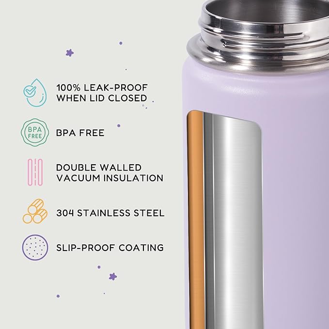 Fijinhom 12oz Kids Water Bottle for School, Toddler Bottles with Straws, Stainless Steel Vacuum Insulated Water Bottle for Boys&Girls, Leak-Proof, BPA-Free, Purple