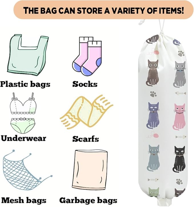 Cat Plastic Bag Holder, Wall Mount Grocery Bag Holder for Plastic Bags, Large Reusable Grocery Bags Organizer Storage Dispenser for Home Kitchen Pantry Decor, Cat Lover Gifts for Women