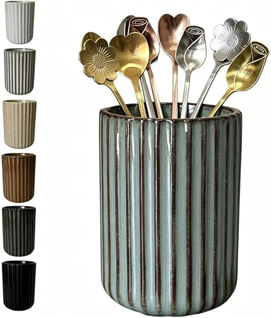 TOPYOKK Stoneware Coffee Bar Utensil Holder Tea & Coffee Spoon & Stirrer Holder for Stir Stick Straw Teaspoon Holder Spoon Cup Small Utensil Jar Fluted Vertical Stripe (Concrete Grey)